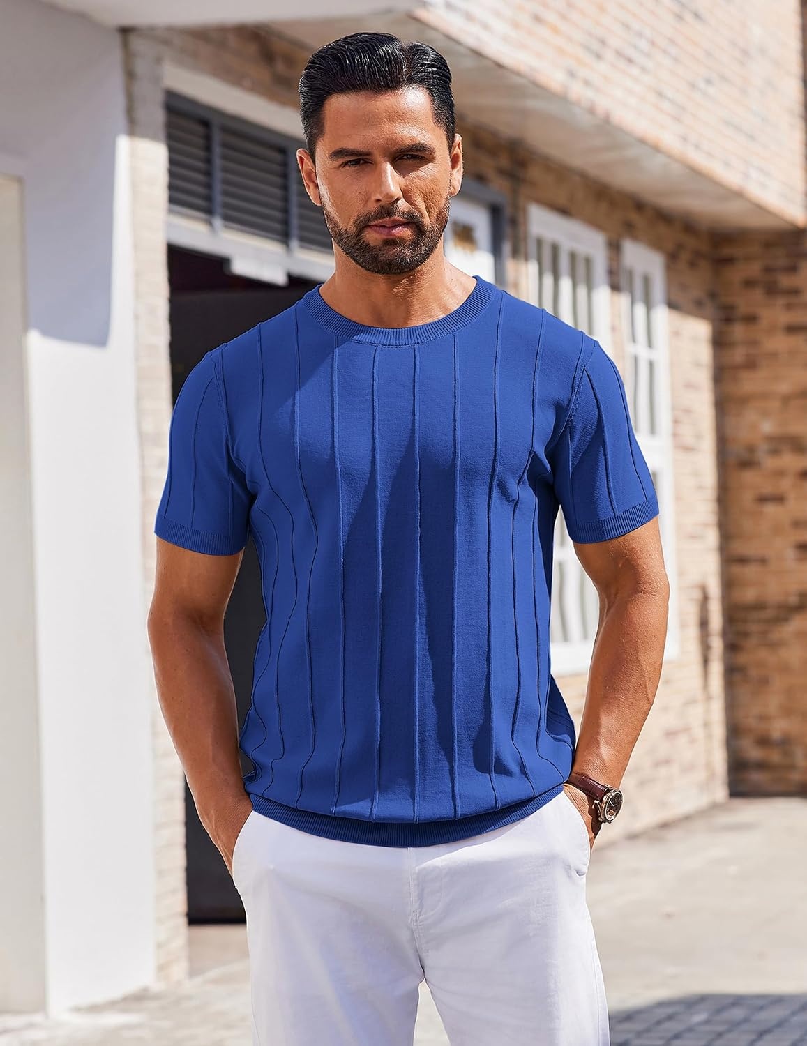image:imageCOOFANDY Mens T Shirts Short Sleeve Knit Sweater Shirt Casual PulloverKlein Blue