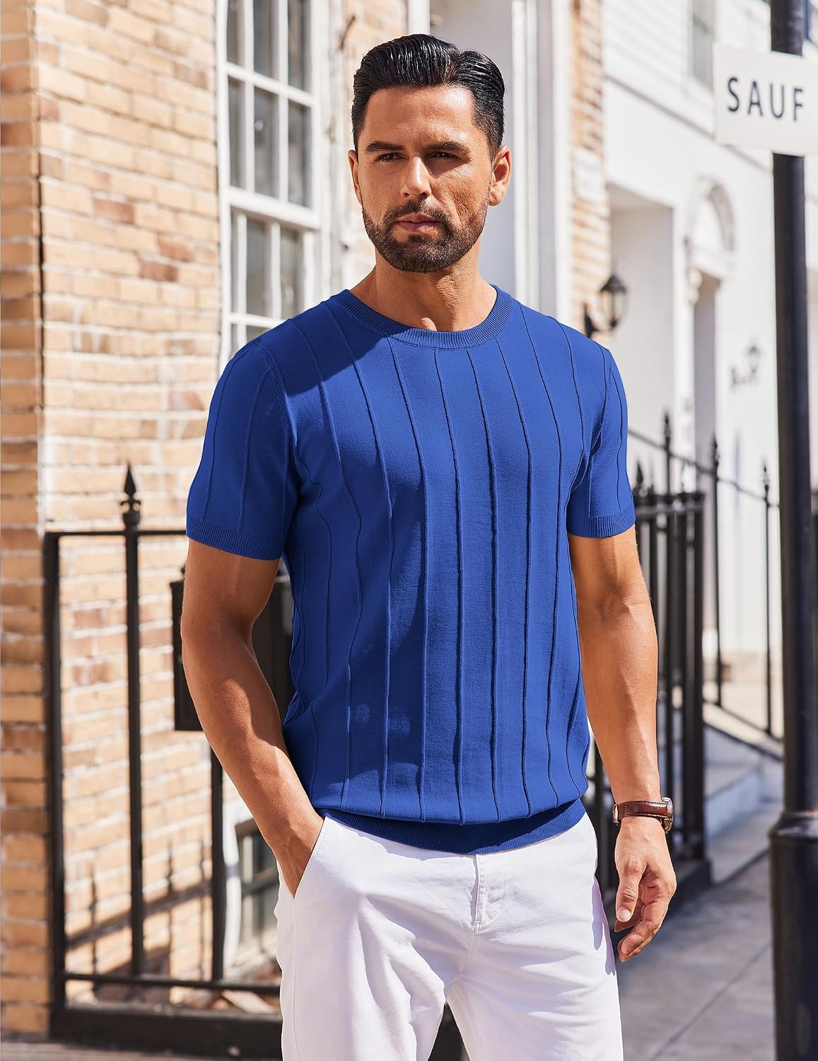 image:imageCOOFANDY Mens T Shirts Short Sleeve Knit Sweater Shirt Casual PulloverKlein Blue