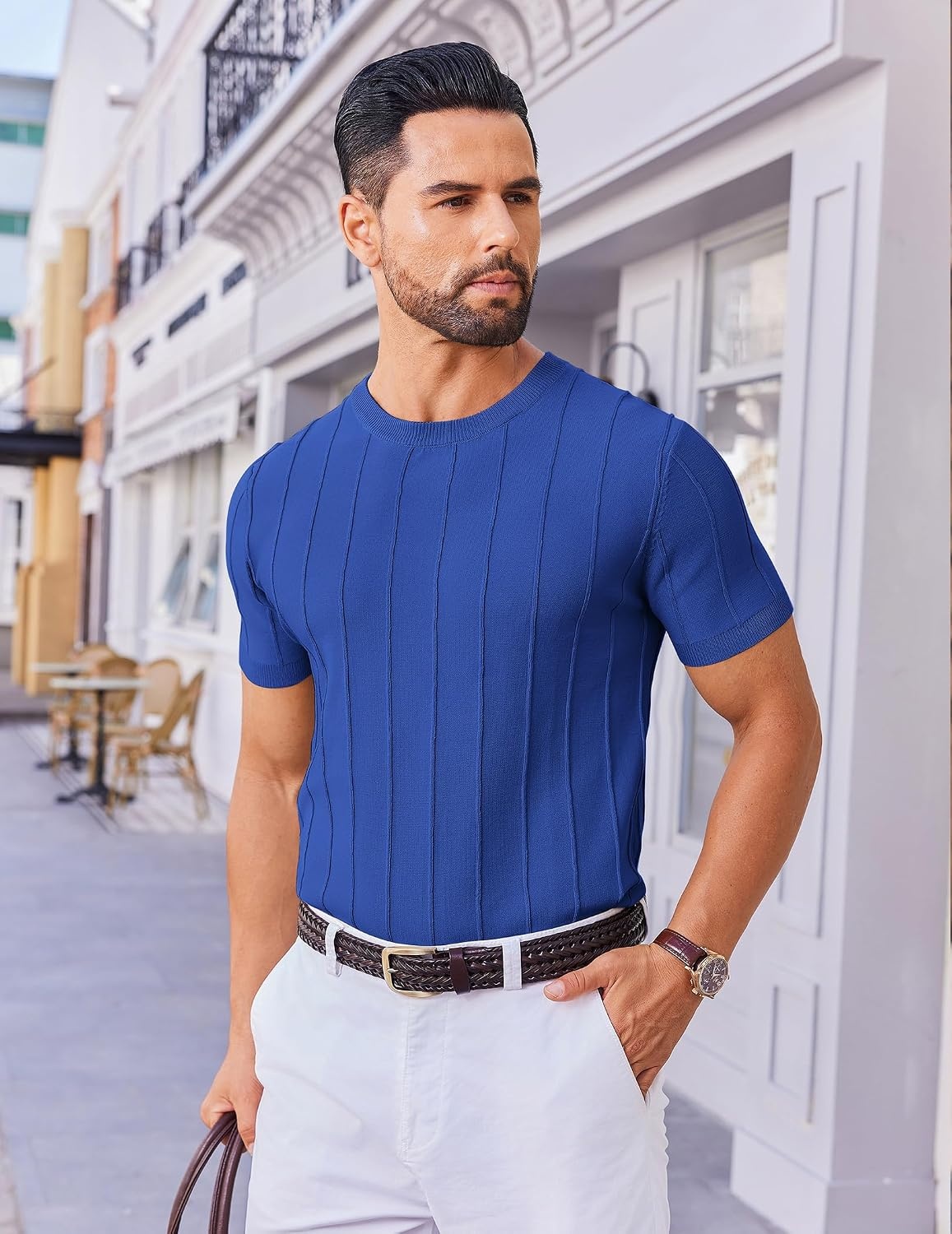 image:imageCOOFANDY Mens T Shirts Short Sleeve Knit Sweater Shirt Casual PulloverKlein Blue