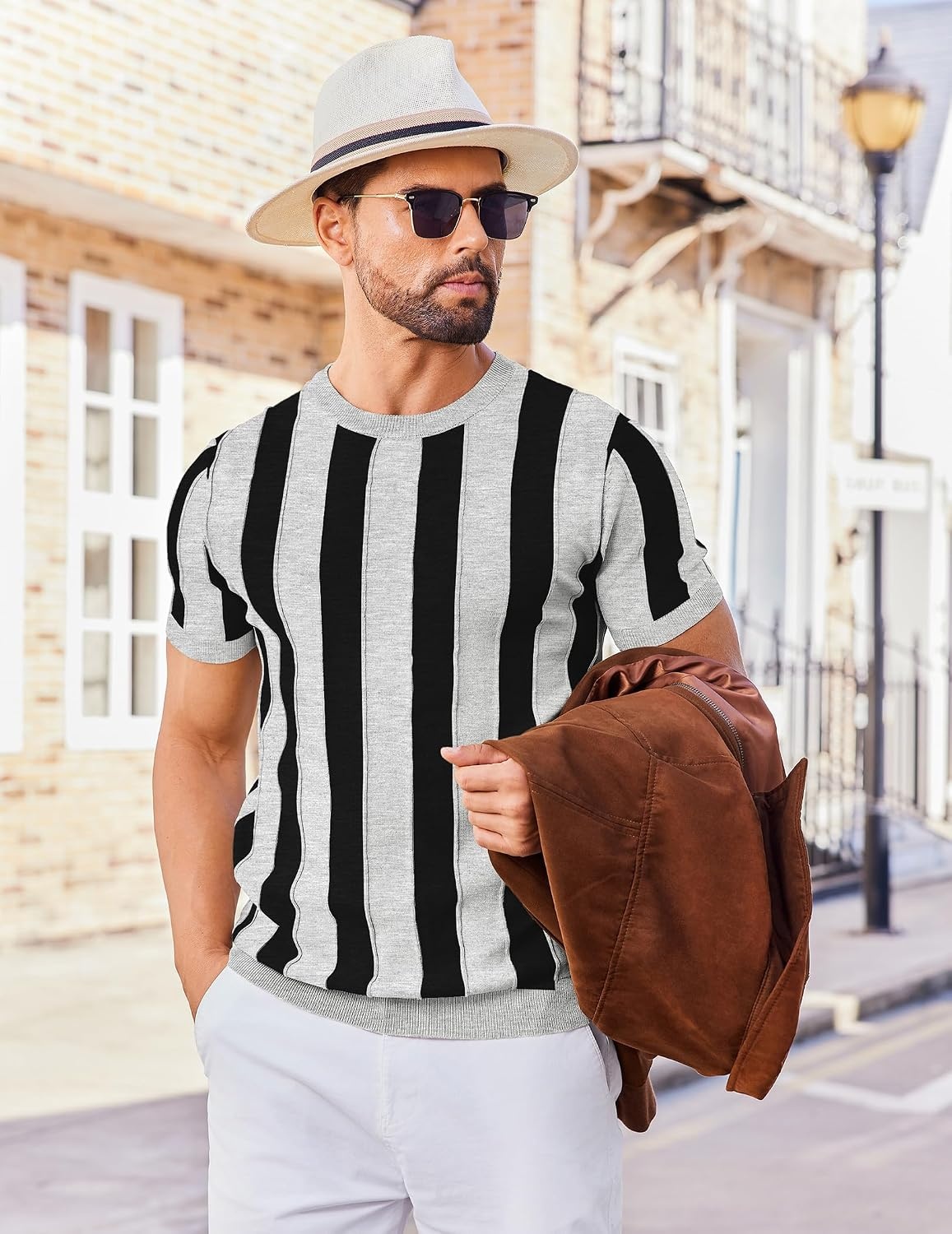 image:imageCOOFANDY Mens T Shirts Short Sleeve Knit Sweater Shirt Casual PulloverLight Grey Black Stripes