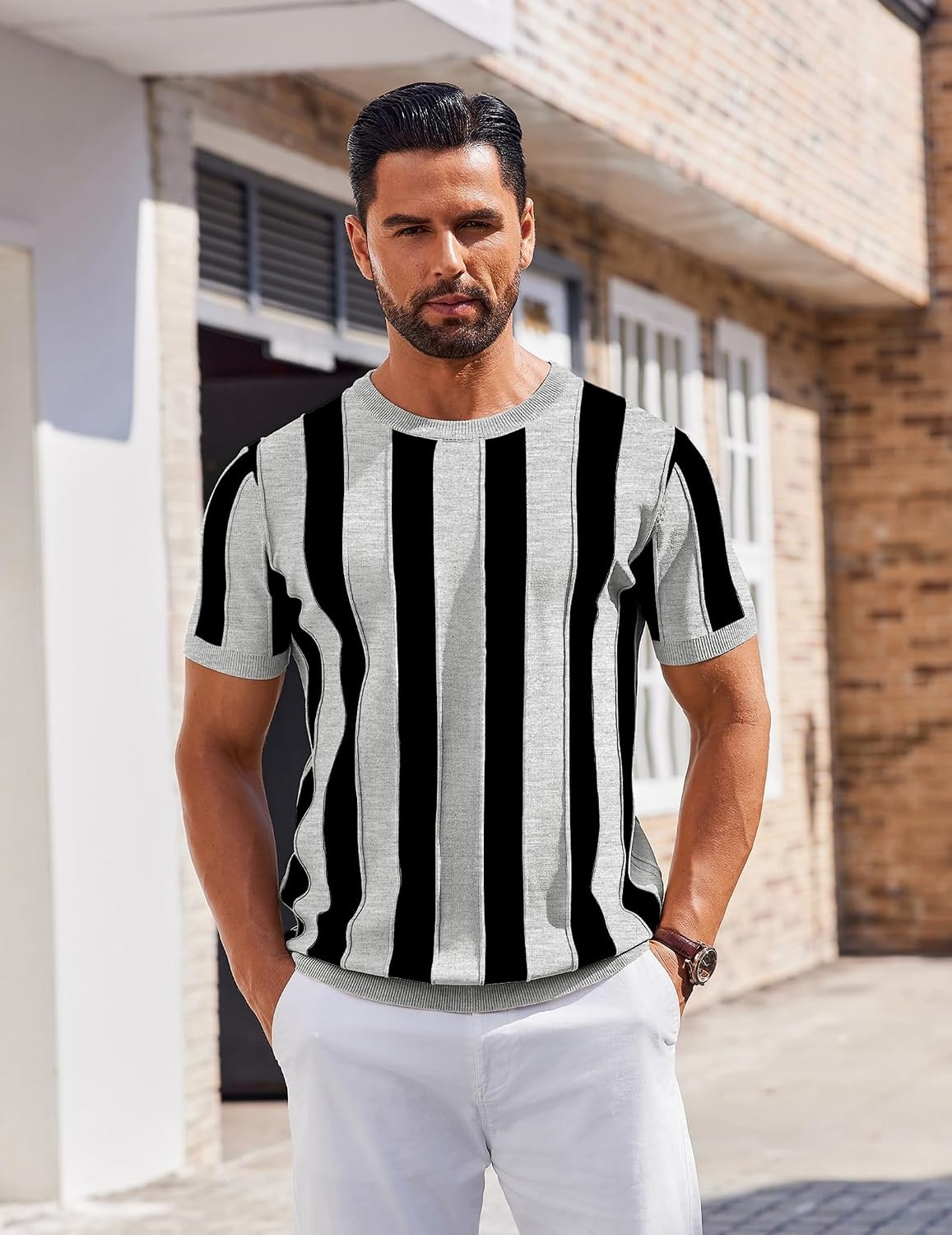 image:imageCOOFANDY Mens T Shirts Short Sleeve Knit Sweater Shirt Casual PulloverLight Grey Black Stripes