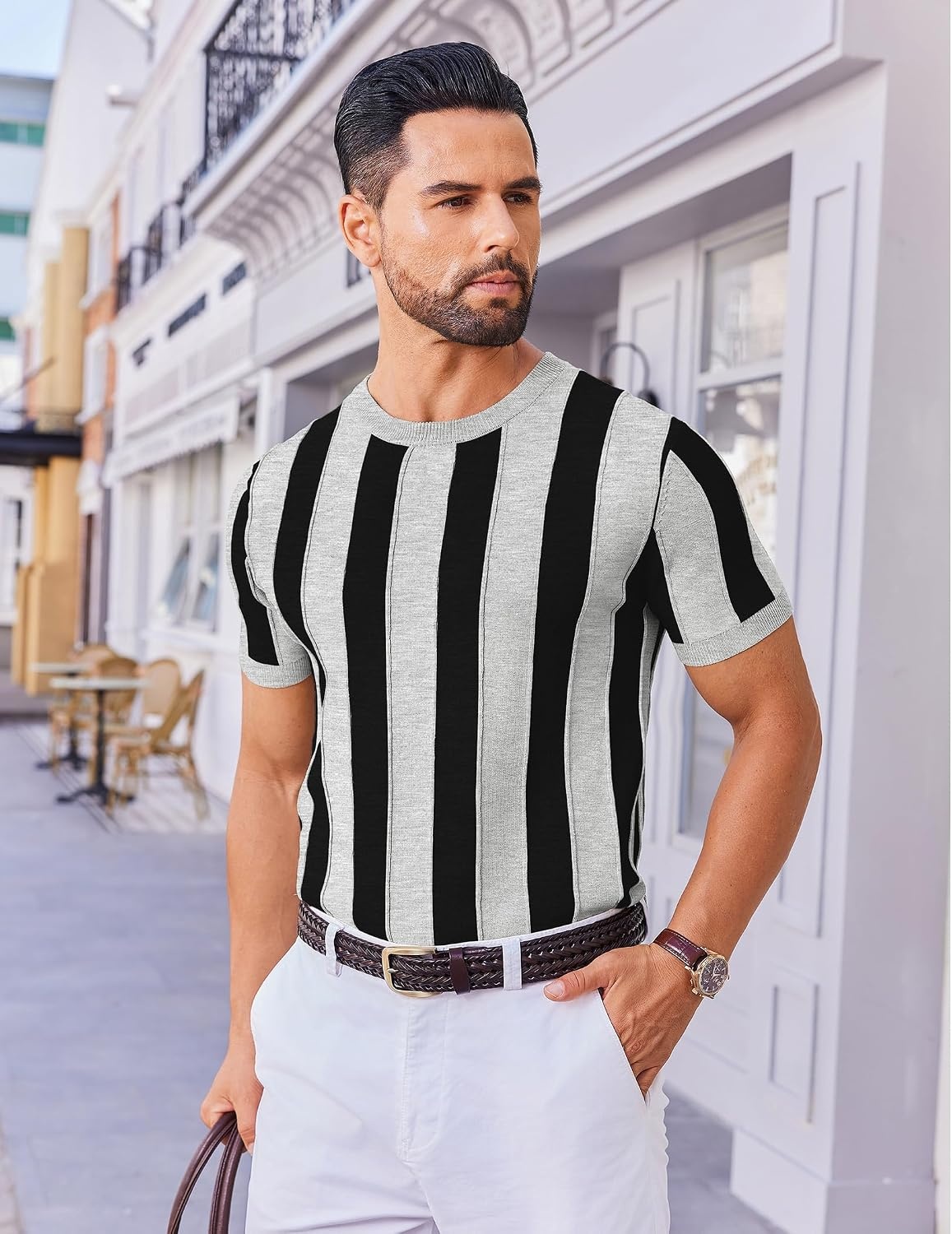 image:imageCOOFANDY Mens T Shirts Short Sleeve Knit Sweater Shirt Casual PulloverLight Grey Black Stripes