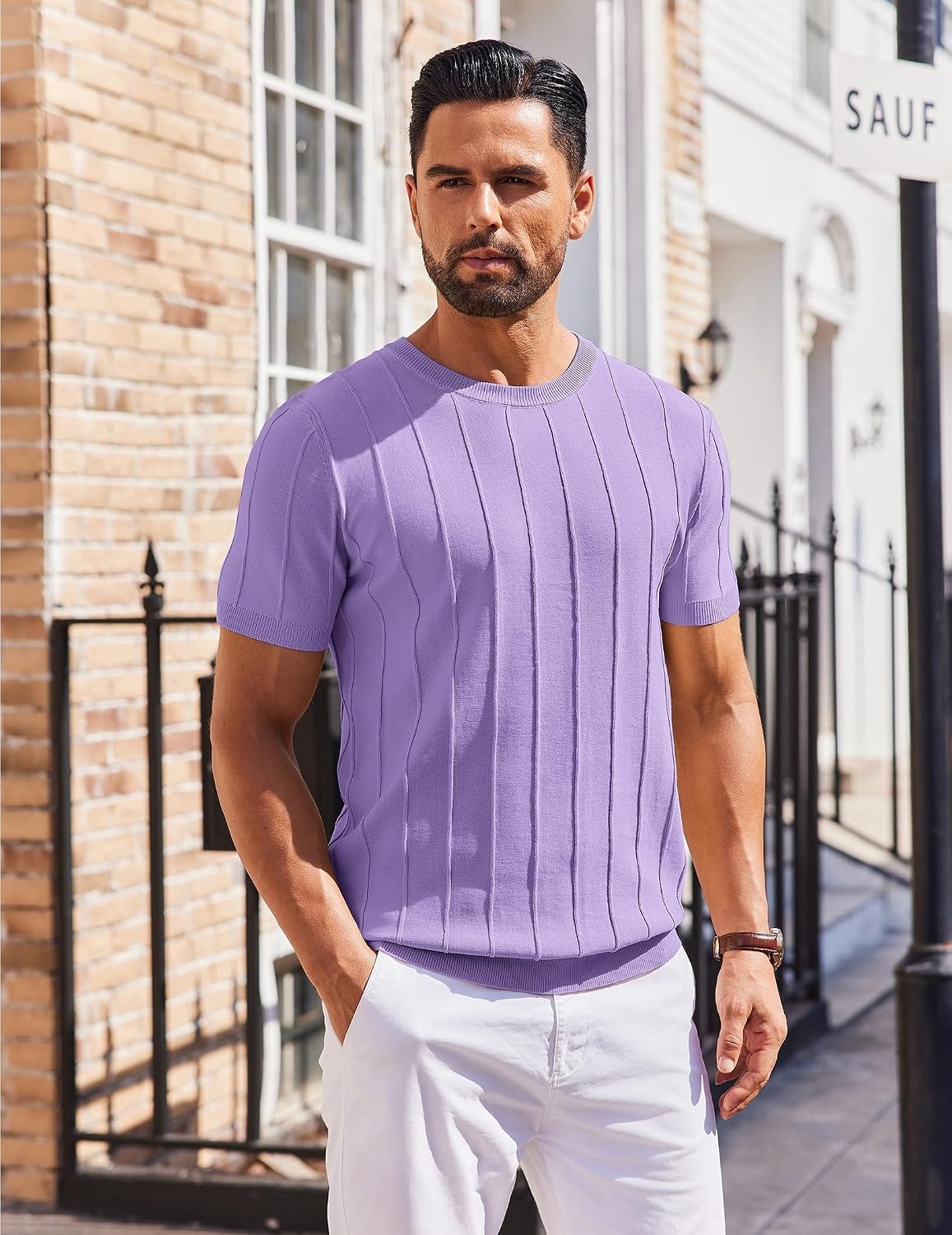 image:imageCOOFANDY Mens T Shirts Short Sleeve Knit Sweater Shirt Casual PulloverLilac