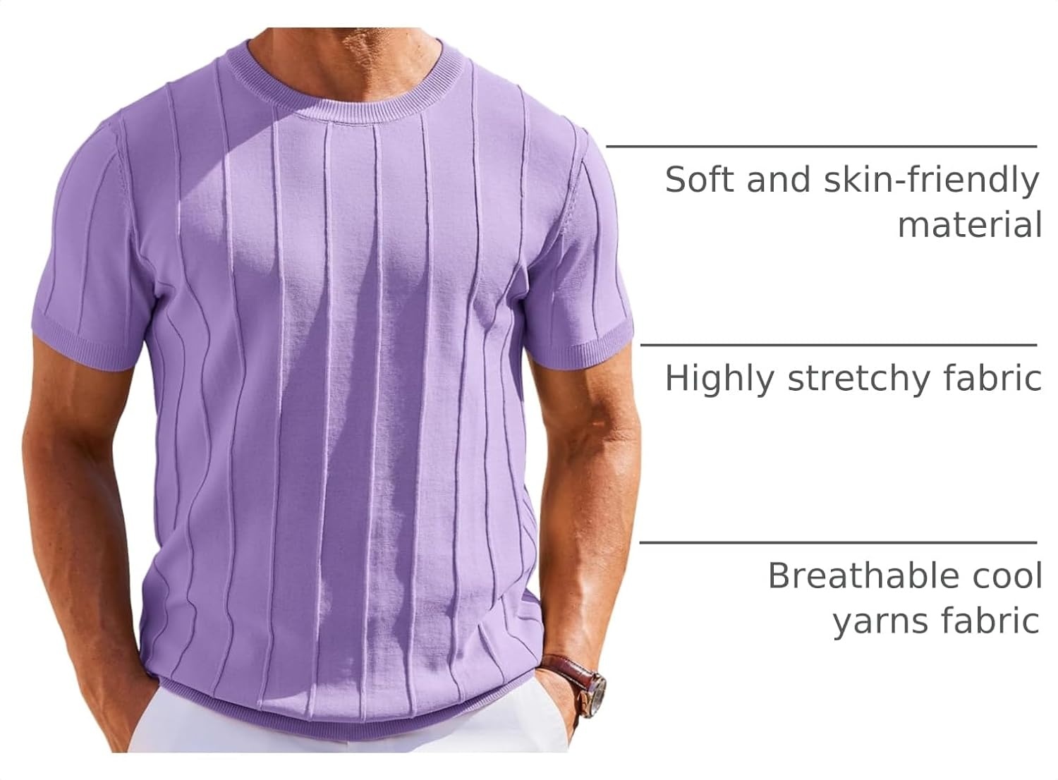 image:imageCOOFANDY Mens T Shirts Short Sleeve Knit Sweater Shirt Casual PulloverLilac