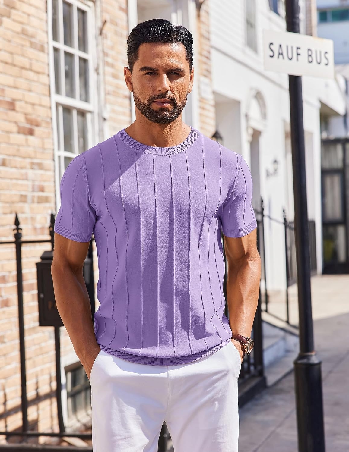 image:imageCOOFANDY Mens T Shirts Short Sleeve Knit Sweater Shirt Casual PulloverLilac