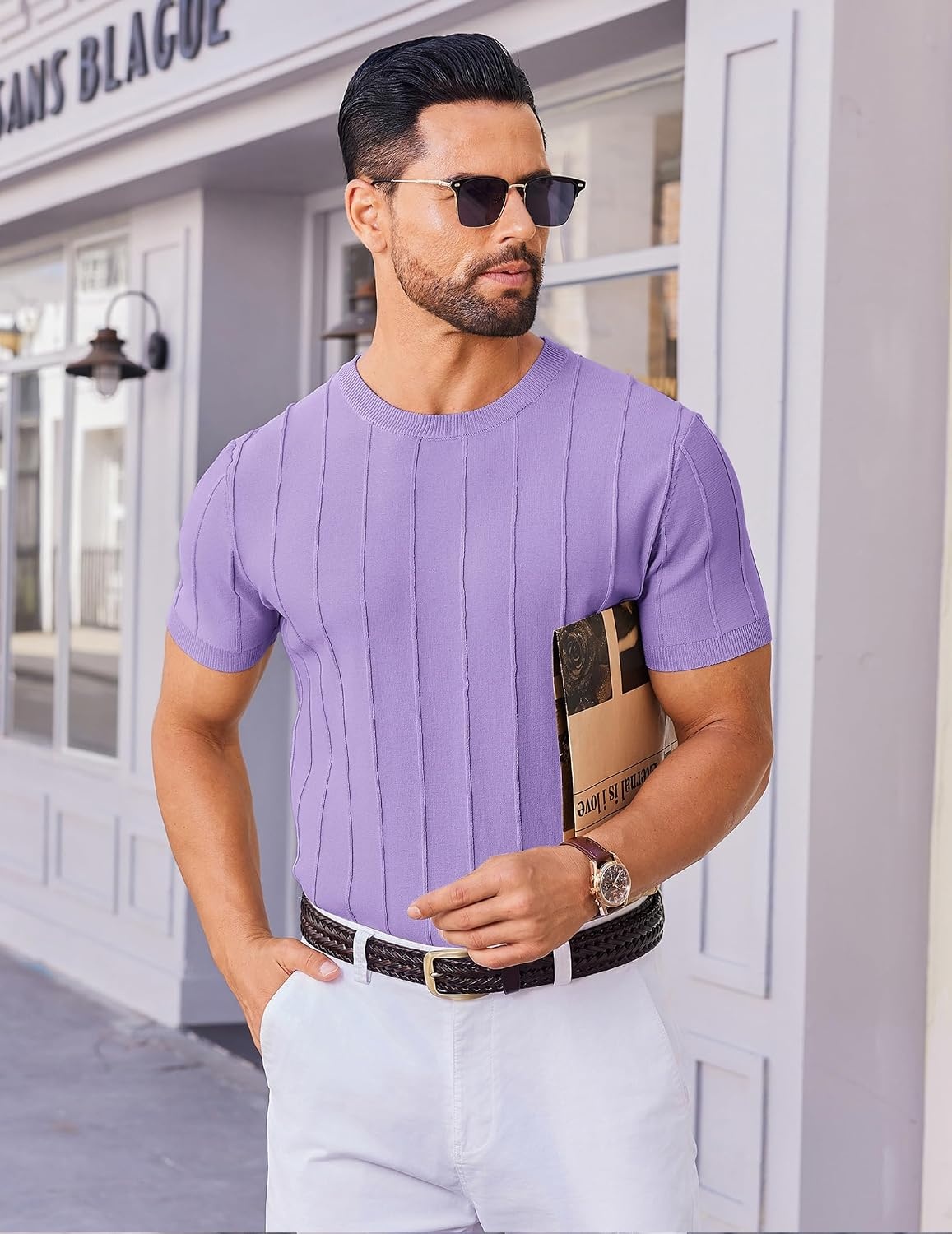 image:imageCOOFANDY Mens T Shirts Short Sleeve Knit Sweater Shirt Casual PulloverLilac