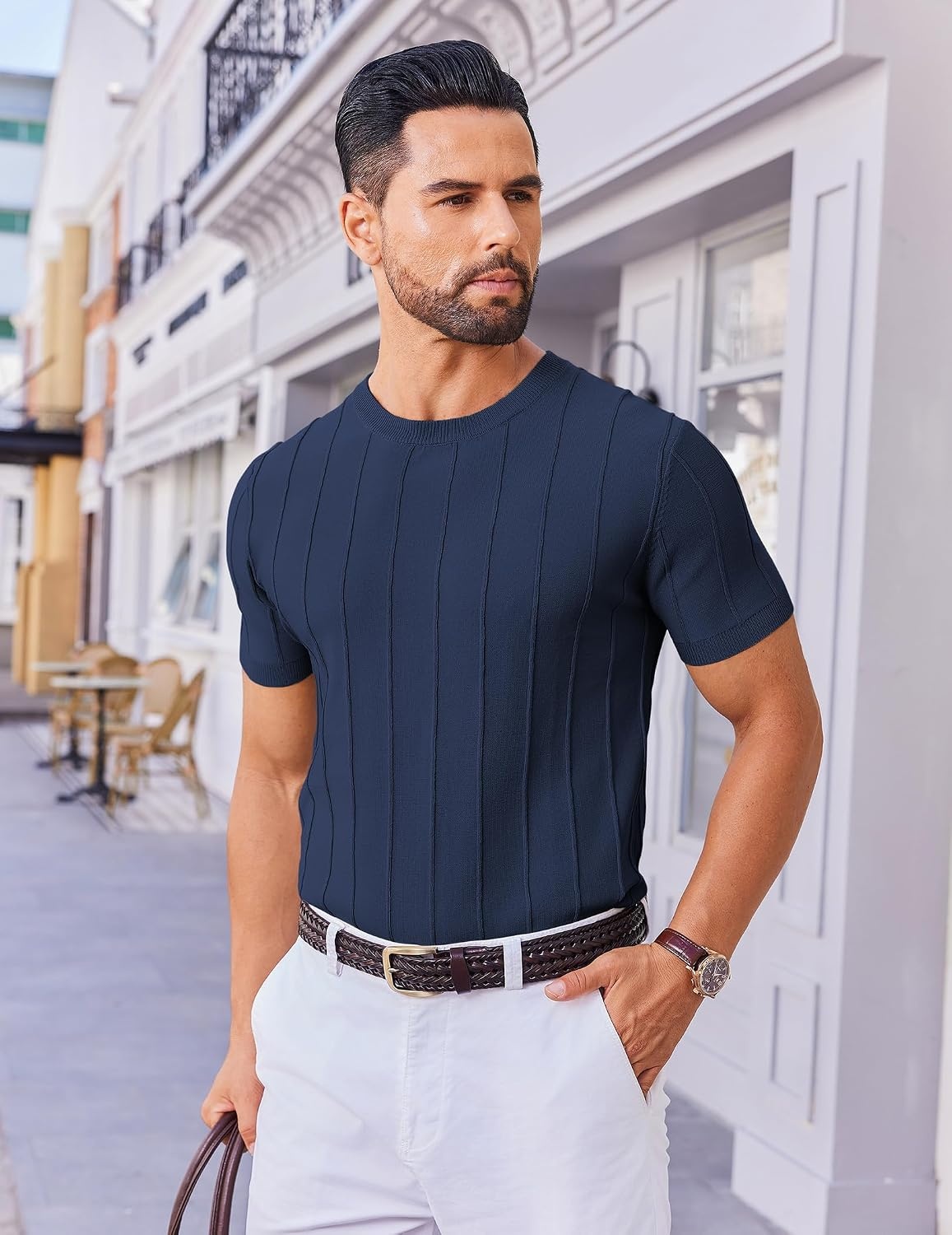 image:imageCOOFANDY Mens T Shirts Short Sleeve Knit Sweater Shirt Casual PulloverNavy Blue