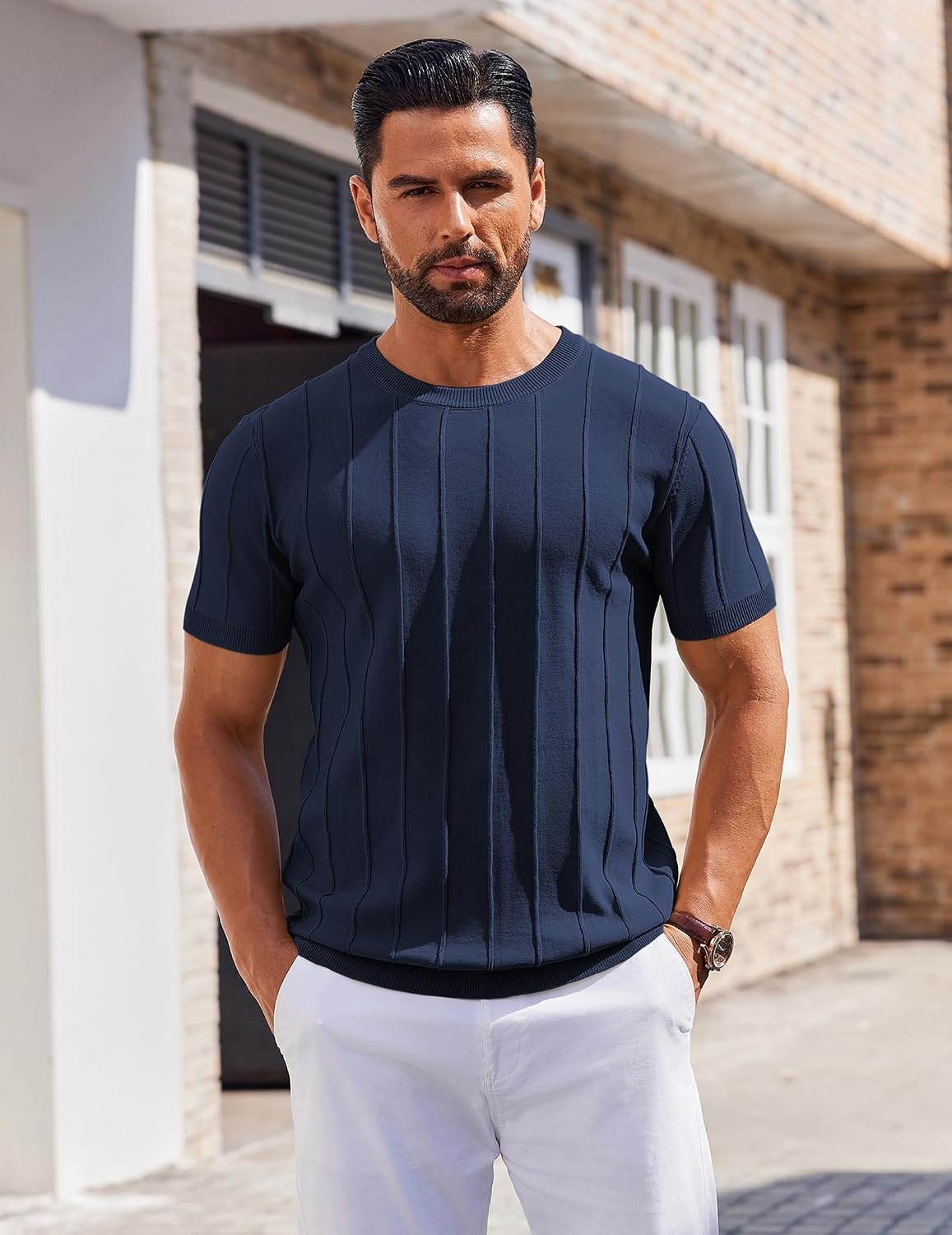 image:imageCOOFANDY Mens T Shirts Short Sleeve Knit Sweater Shirt Casual PulloverNavy Blue