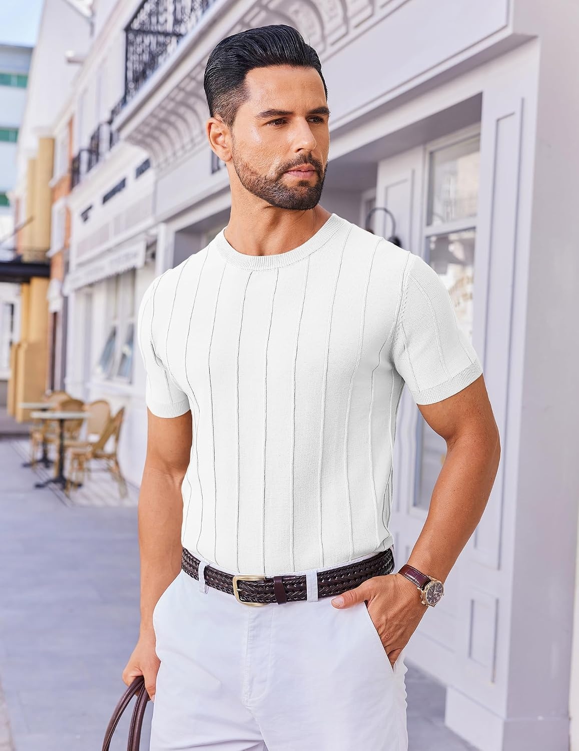image:imageCOOFANDY Mens T Shirts Short Sleeve Knit Sweater Shirt Casual PulloverWhite
