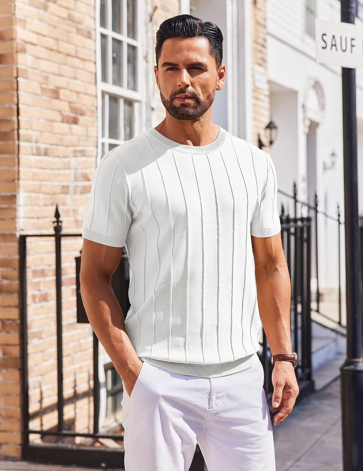 image:imageCOOFANDY Mens T Shirts Short Sleeve Knit Sweater Shirt Casual PulloverWhite
