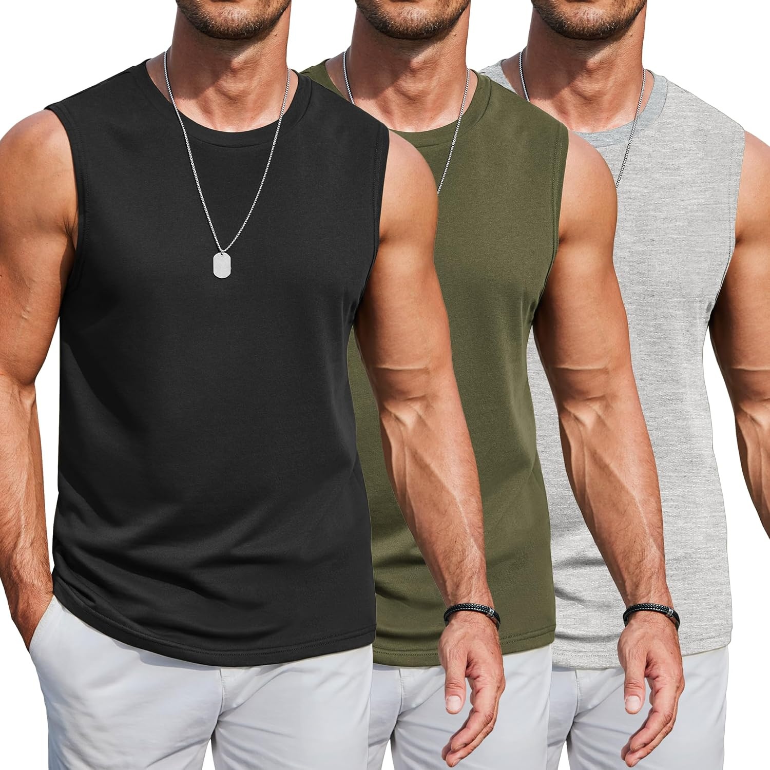 image:imageCOOFANDY Mens Workout Tank Tops Cotton 3 Pack Soft Gym Muscle Shirt Sleeveless Classic T ShirtsArmy Green