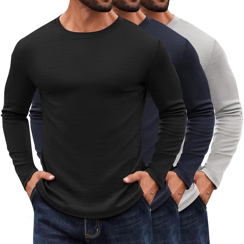 image:imageCOOFANDY Crewneck Sweaters for Men Slim Fit Long Sleeve Pullover Tops Stretch Ribbed Knit Soft Touch Fabric High Elasticity Thermal Long Sleeve Tee ShirtsBlackNavy BlueLight Grey
