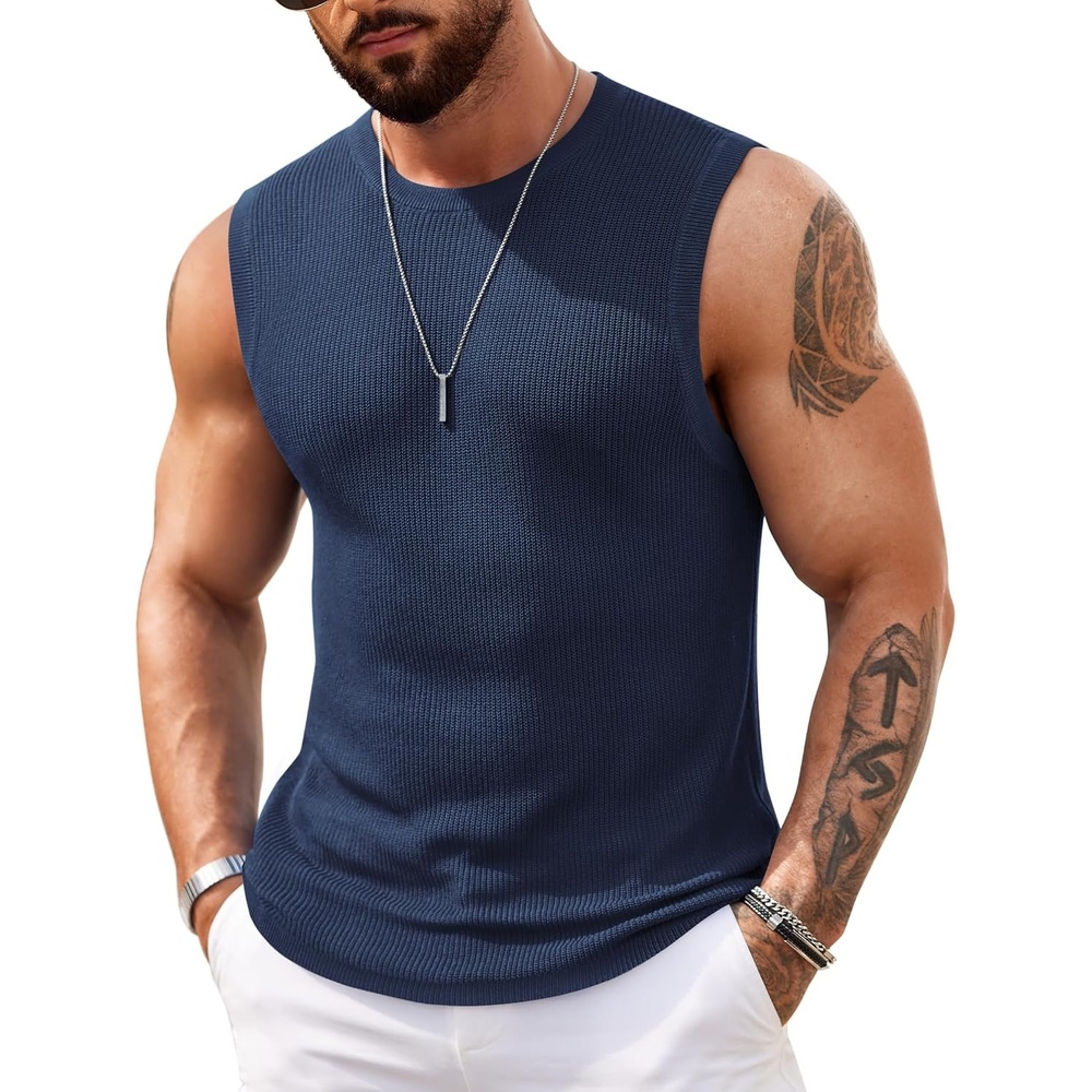 image:imageCOOFANDY Mens Casual Knit Tank Top Muscle Summer Vacation Sleeveless Shirts  Ribbed Knitted Tank Top Breathable Light Soft Textured Fabric Fitted Muscle Style Dressy Beach Wedding Cruise Tank ShirtNavy Blue