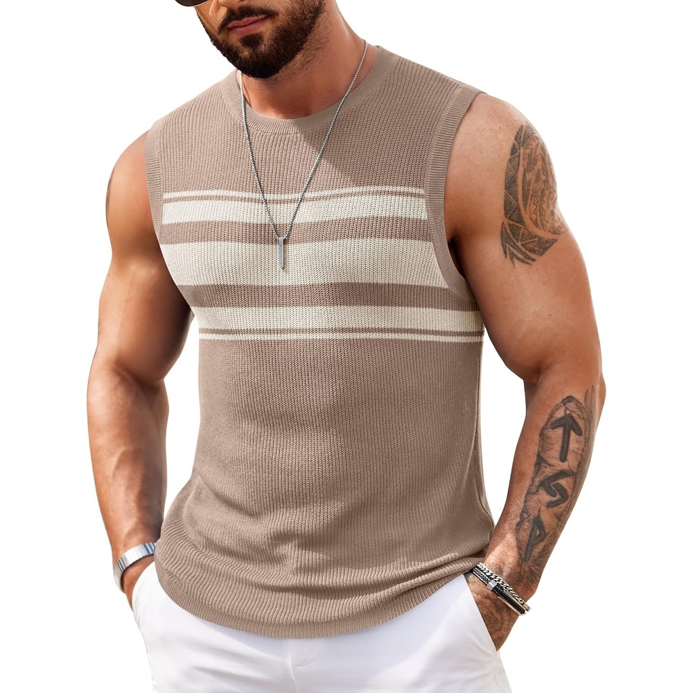 image:imageCOOFANDY Mens Casual Knit Tank Top Muscle Summer Vacation Sleeveless Shirts  Ribbed Knitted Tank Top Breathable Light Soft Textured Fabric Fitted Muscle Style Dressy Beach Wedding Cruise Tank ShirtKhaki Stripe
