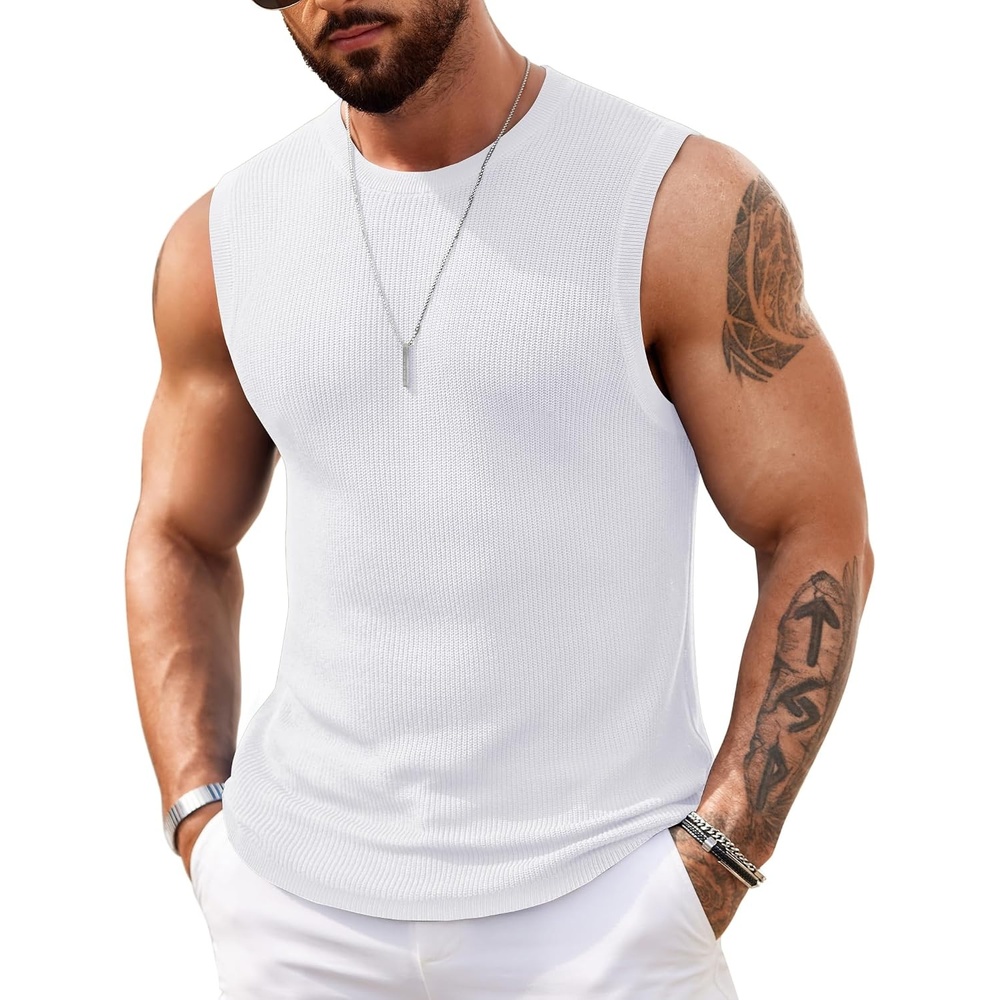 image:imageCOOFANDY Mens Casual Knit Tank Top Muscle Summer Vacation Sleeveless Shirts Ribbed Knitted Tank Top Breathable Light Soft Textured Fabric Fitted Muscle Style Dressy Beach Wedding Cruise Tank ShirtWhite