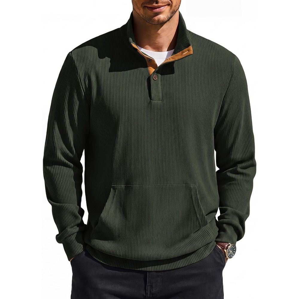 image:imageCOOFANDY Mens Corduroy Sweatshirt 14 Button Long Sleeve PulloverArmy Green