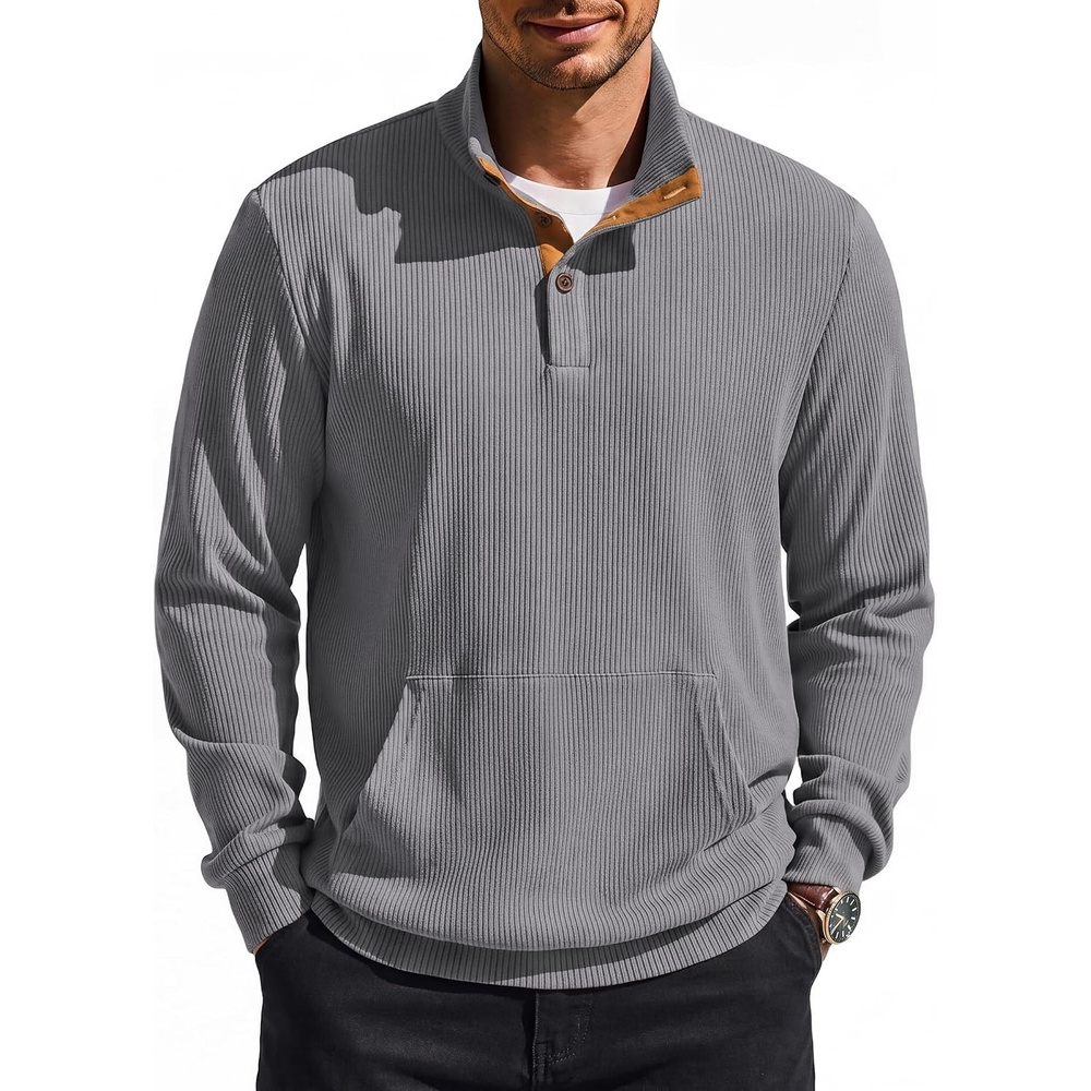 image:imageCOOFANDY Mens Corduroy Sweatshirt 14 Button Long Sleeve PulloverGrey