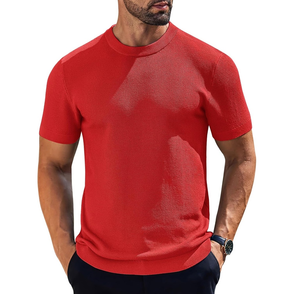 image:imageCOOFANDY Mens Knit TShirts Short Sleeve Crewneck Shirt Casual Textured Pullover TeesRed