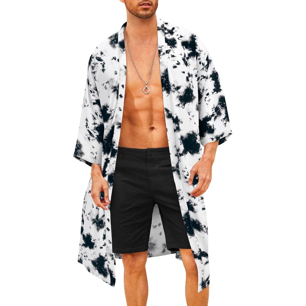 image:imageCOOFANDY Mens Lightweight Kimono Robe Japanese Bathrobes Long Cardigan Flowy and Breathable FabricOpen FrontPrinted Japanese StyleCasual Coat OutwearPerfect for LoungingBeachPoolBurning ManBlack White Tiedye Style