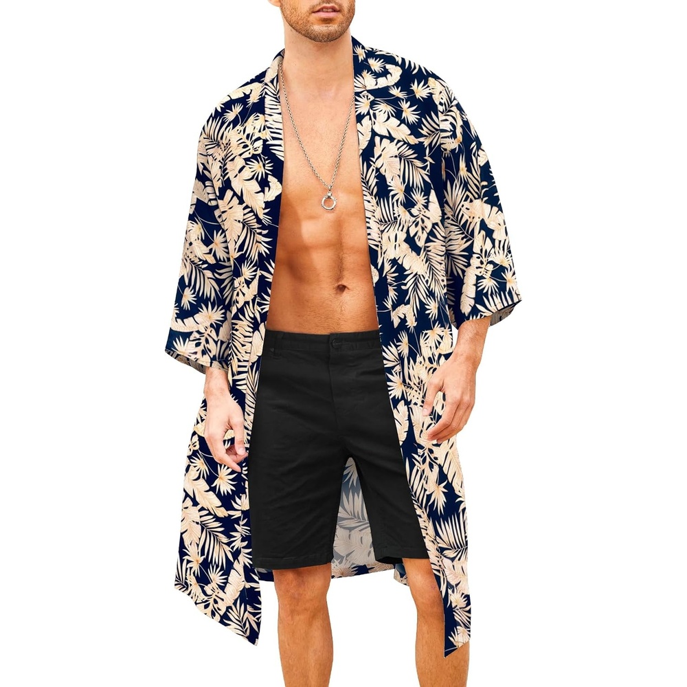 image:imageCOOFANDY Mens Lightweight Kimono Robe Japanese Bathrobes Long Cardigan  Flowy and Breathable FabricOpen FrontPrinted Japanese StyleCasual Coat OutwearPerfect for LoungingBeachPoolBurning ManNavykhaki Leaves