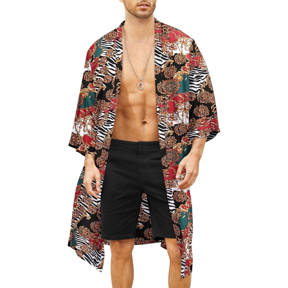 image:imageCOOFANDY Mens Lightweight Kimono Robe Japanese Bathrobes Long Cardigan Flowy and Breathable FabricOpen FrontPrinted Japanese StyleCasual Coat OutwearPerfect for LoungingBeachPoolBurning ManRedluxury Print