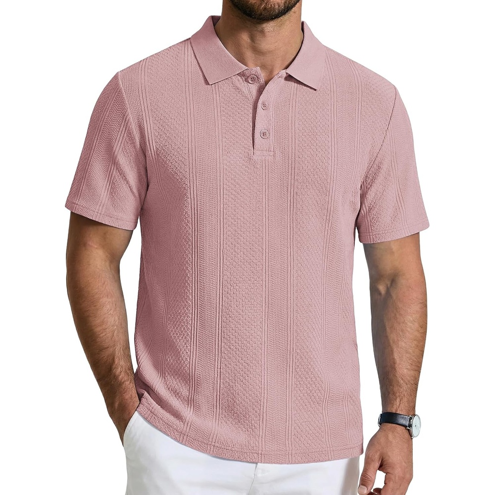 image:imageCOOFANDY Mens Polo Shirts Short Sleeve Casual Knit Textured Summer Shirt  CasualKnit TexturedBreathableVintageClassicButton CollarLightweightSummerPink