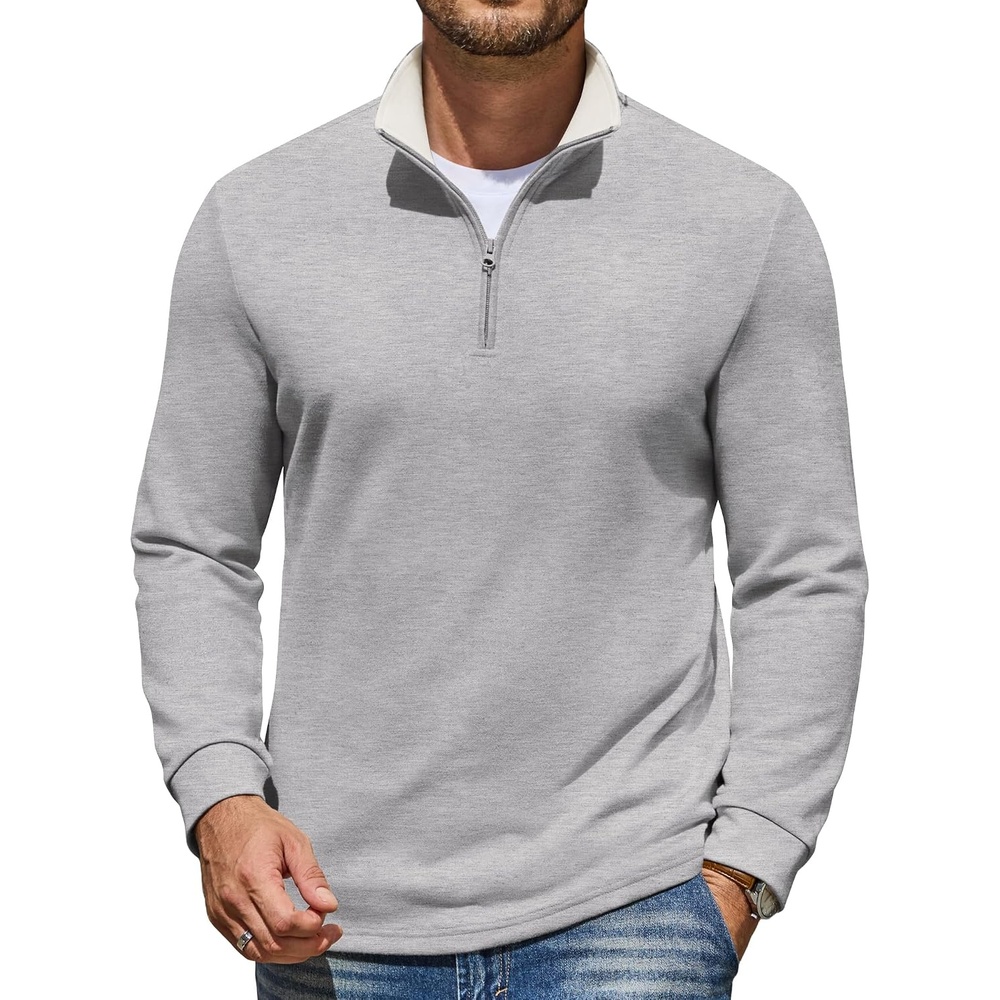 image:imageCOOFANDY Mens Quarter Zip Pullover Mock Neck Sweatshirt Casual Long Sleeve Contrast Collar Long Sleeve Mock Neck Strechy Breathable Lightweight Warm Layering Friendly Ideal For Golf Daily WearLight Heather Grey