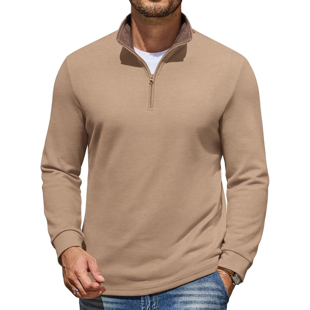 image:imageCOOFANDY Mens Quarter Zip Pullover Mock Neck Sweatshirt Casual Long Sleeve Contrast Collar Long Sleeve Mock Neck Strechy Breathable Lightweight Warm Layering Friendly Ideal For Golf Daily WearKhaki