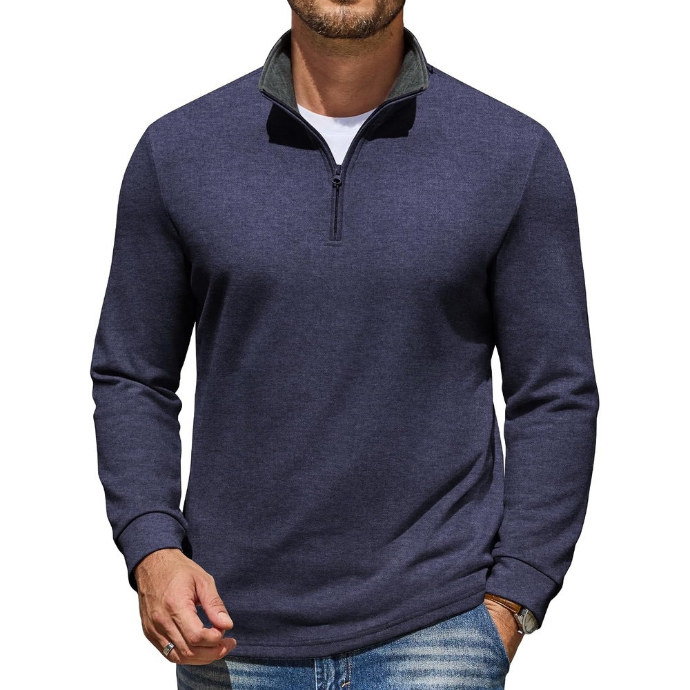 image:imageCOOFANDY Mens Quarter Zip Pullover Mock Neck Sweatshirt Casual Long Sleeve Contrast Collar Long Sleeve Mock Neck Strechy Breathable Lightweight Warm Layering Friendly Ideal For Golf Daily WearNavy Blue