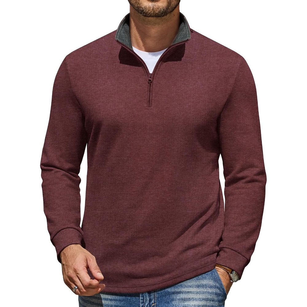 image:imageCOOFANDY Mens Quarter Zip Pullover Mock Neck Sweatshirt Casual Long Sleeve Contrast Collar Long Sleeve Mock Neck Strechy Breathable Lightweight Warm Layering Friendly Ideal For Golf Daily WearWine Red
