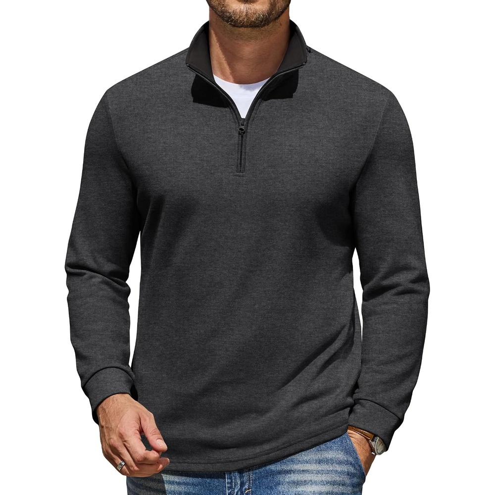 image:imageCOOFANDY Mens Quarter Zip Pullover Mock Neck Sweatshirt Casual Long Sleeve Contrast Collar Long Sleeve Mock Neck Strechy Breathable Lightweight Warm Layering Friendly Ideal For Golf Daily WearDark Heather Grey