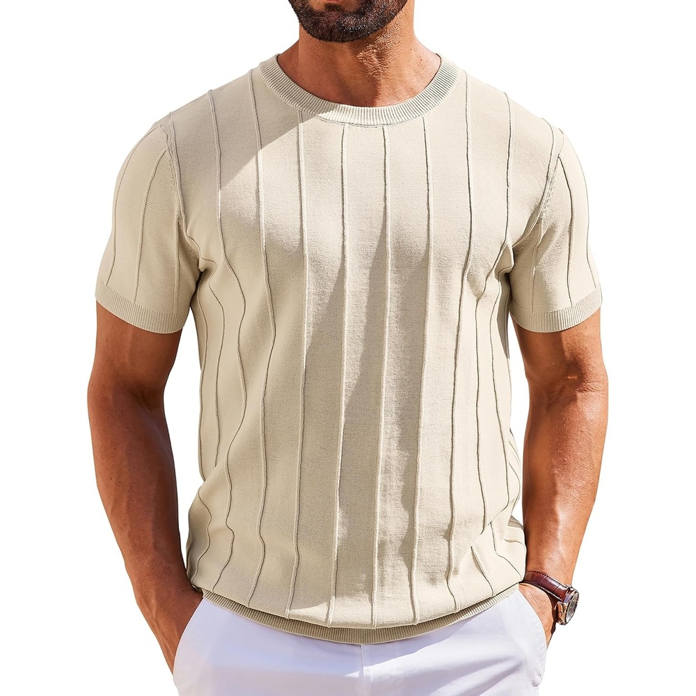 image:imageCOOFANDY Mens T Shirts Short Sleeve Knit Sweater Shirt Casual PulloverBeige