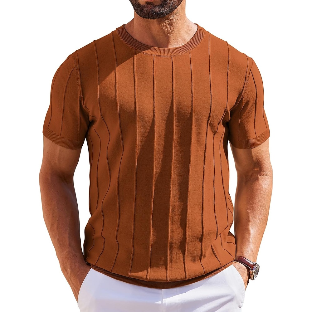 image:imageCOOFANDY Mens T Shirts Short Sleeve Knit Sweater Shirt Casual PulloverCaramel