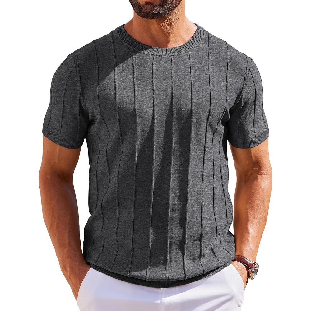 image:imageCOOFANDY Mens T Shirts Short Sleeve Knit Sweater Shirt Casual PulloverDark Grey