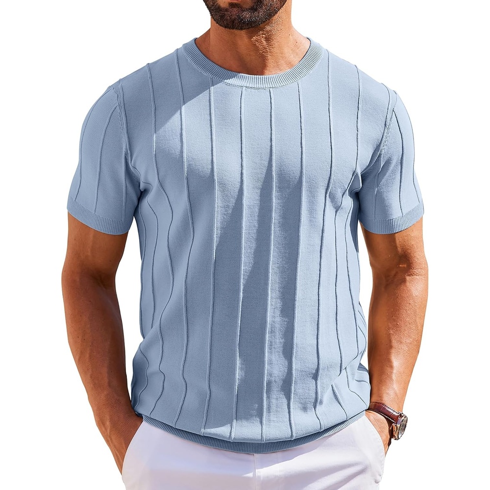 image:imageCOOFANDY Mens T Shirts Short Sleeve Knit Sweater Shirt Casual PulloverDenim Blue