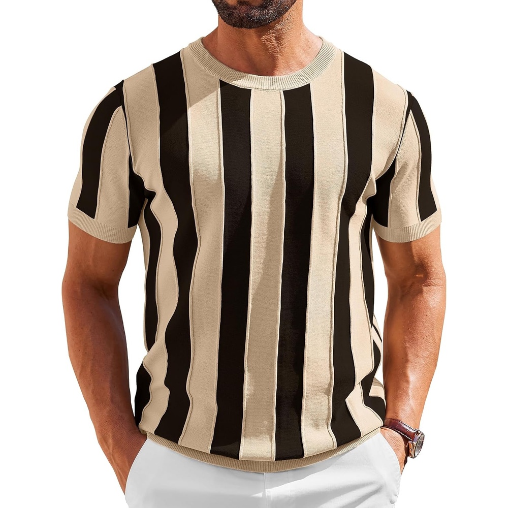 image:imageCOOFANDY Mens T Shirts Short Sleeve Knit Sweater Shirt Casual PulloverKhaki Black Stripes