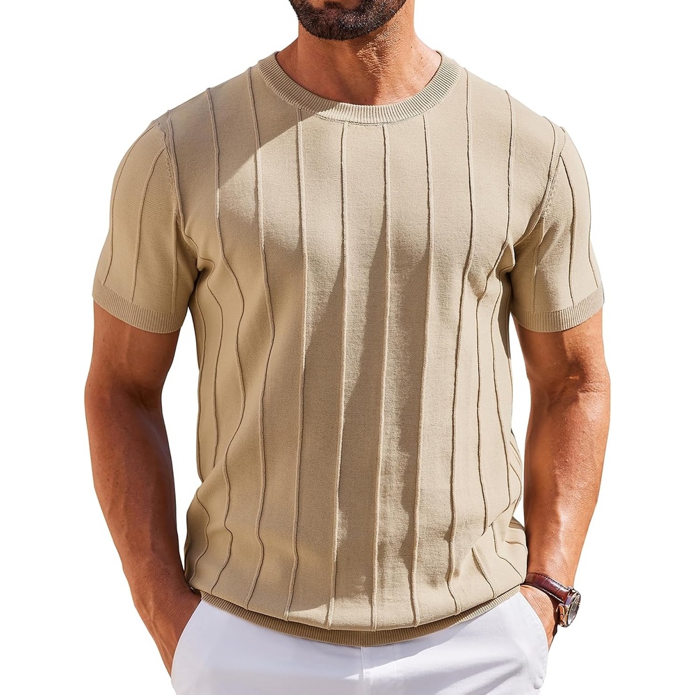 image:imageCOOFANDY Mens T Shirts Short Sleeve Knit Sweater Shirt Casual PulloverKhaki