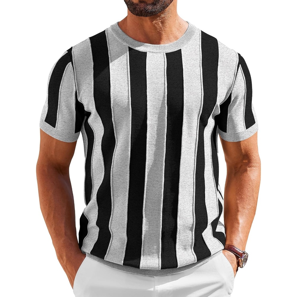 image:imageCOOFANDY Mens T Shirts Short Sleeve Knit Sweater Shirt Casual PulloverLight Grey  Black Stripes