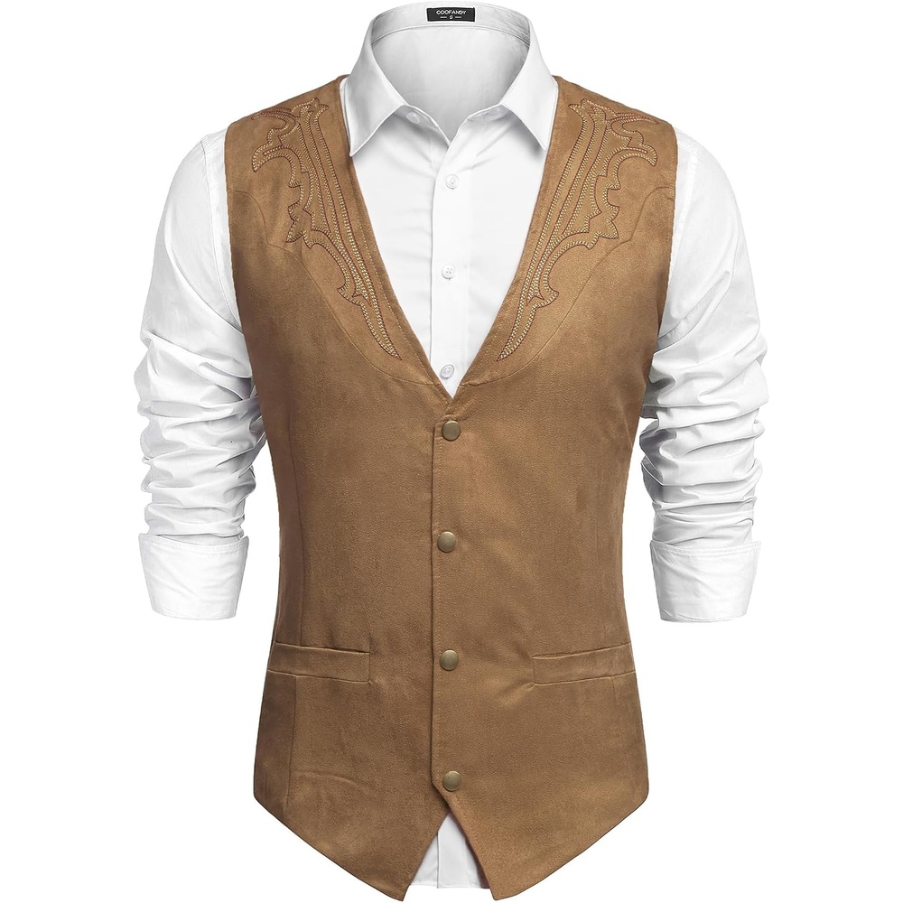 image:imageCOOFANDY Mens Western Vest Suede Cowboy Vest Casual Slim Fit Waistcoat Western OutfitCowboy Attire2 PocketsButton ClosureLiningSoftWeddingCostume PartyHalloweenCosplayPirateCountry VestKhaki With Pattern