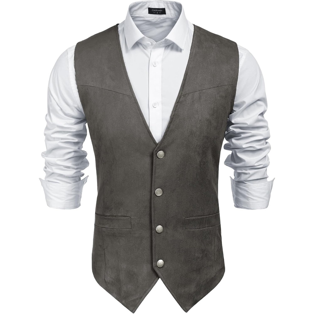 image:imageCOOFANDY Mens Western Vest Suede Cowboy Vest Casual Slim Fit Waistcoat Western OutfitCowboy Attire2 PocketsButton ClosureLiningSoftWeddingCostume PartyHalloweenCosplayPirateCountry VestGrey
