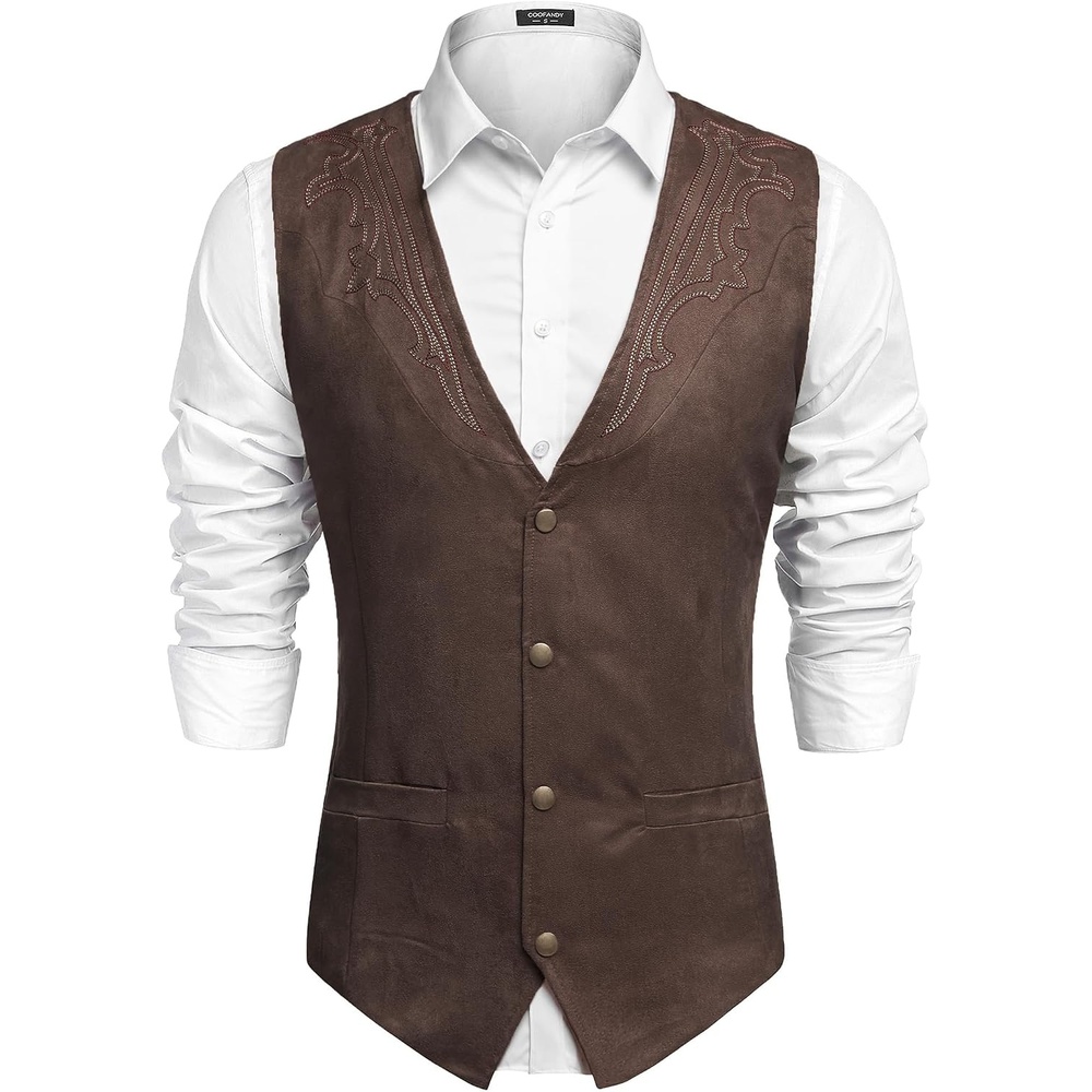 image:imageCOOFANDY Mens Western Vest Suede Cowboy Vest Casual Slim Fit Waistcoat Western OutfitCowboy Attire2 PocketsButton ClosureLiningSoftWeddingCostume PartyHalloweenCosplayPirateCountry VestCoffee With Pattern