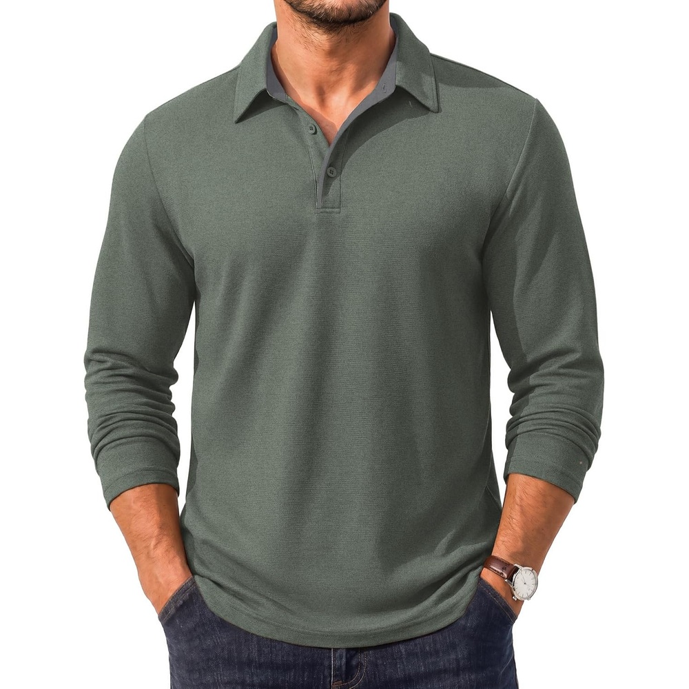 image:imageMens Long Sleeve Polo Shirt Collared Performance Golf Shirts CasualArmy Green