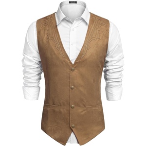 COOFANDY Men’s Western Vest Suede Cowboy Vest Casual Slim Fit Waistcoat | Western Outfit,Cowboy Attire,2 Pockets,Button Closure,Lining,Soft,Wedding,Costume Party,Halloween,Cosplay,Pirate,Country Vest(Khaki (With Pattern))