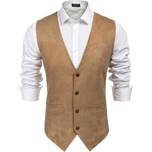 COOFANDY Men’s Western Vest Suede Cowboy Vest Casual Slim Fit Waistcoat | Western Outfit,Cowboy Attire,2 Pockets,Button Closure,Lining,Soft,Wedding,Costume Party,Halloween,Cosplay,Pirate,Country Vest(Light Khaki)