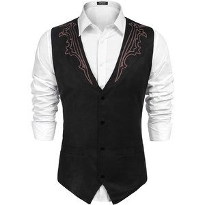 COOFANDY Men’s Western Vest Suede Cowboy Vest Casual Slim Fit Waistcoat | Western Outfit,Cowboy Attire,2 Pockets,Button Closure,Lining,Soft,Wedding,Costume Party,Halloween,Cosplay,Pirate,Country Vest(Black (With Pattern))