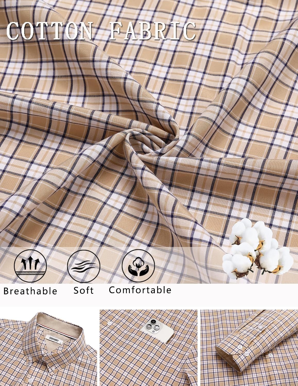 image:imageCOOFANDY Men Plaid Dress Shirts Long Sleeve Button Down Shirts Cotton ShirtKhaki Plaid