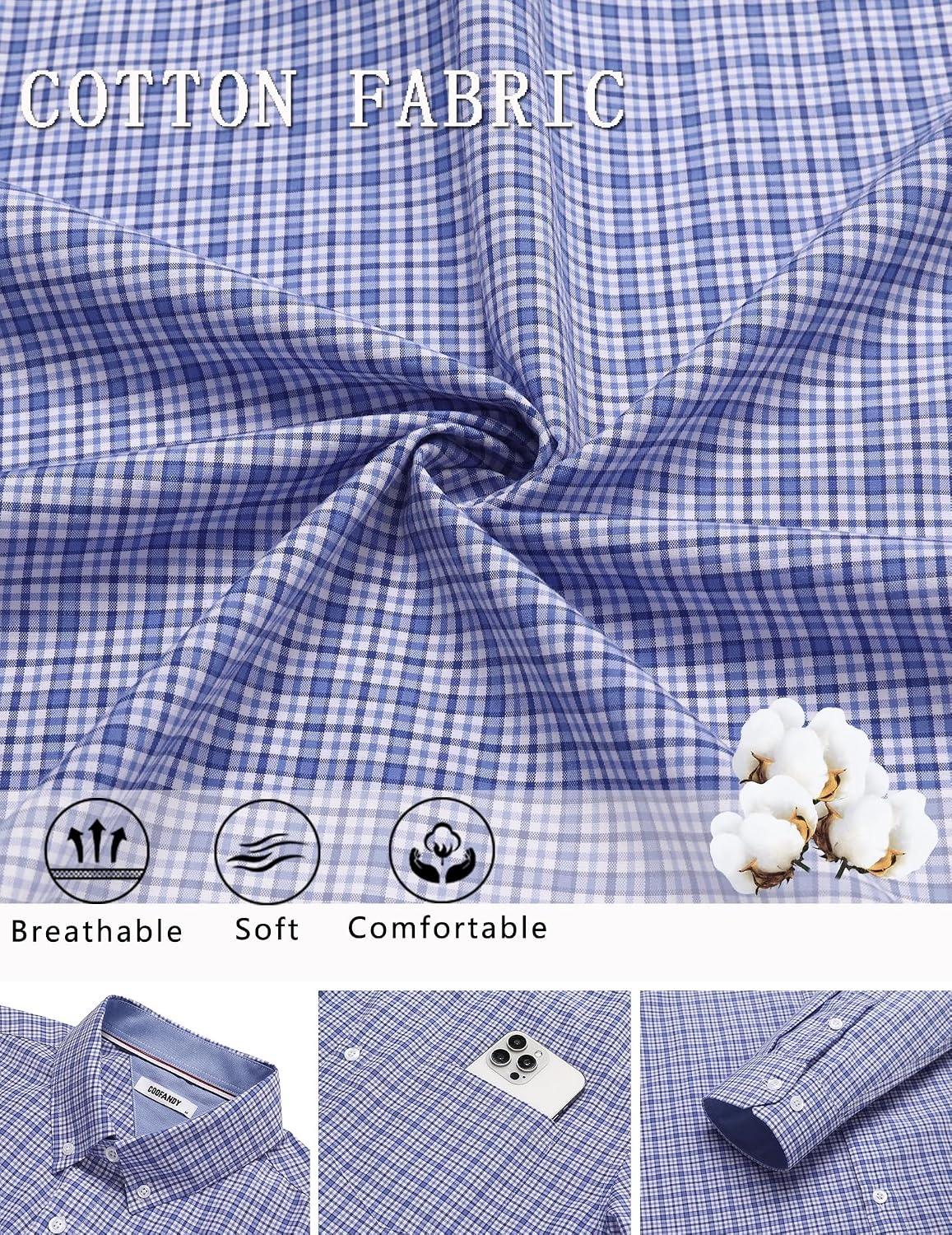 image:imageCOOFANDY Men Plaid Dress Shirts Long Sleeve Button Down Shirts Cotton ShirtSky Blue White Plaid