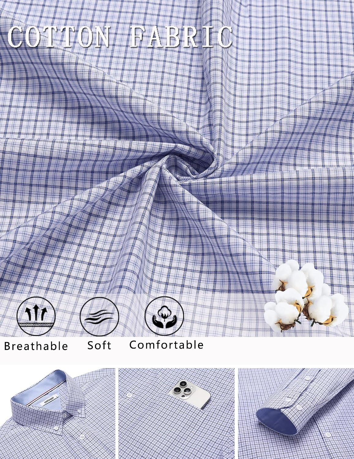 image:imageCOOFANDY Men Plaid Dress Shirts Long Sleeve Button Down Shirts Cotton ShirtWhite Blue Plaid
