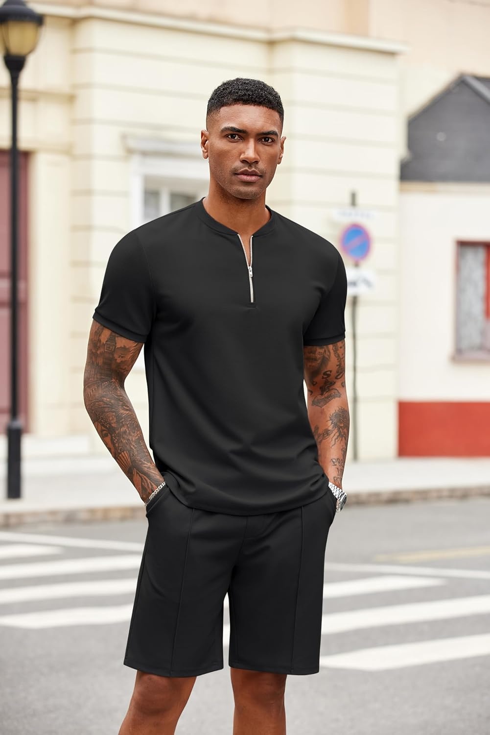 image:imageCOOFANDY Mens 2 Piece Set Short Sleeve Polo Shirt and Shorts Summer Suits01black