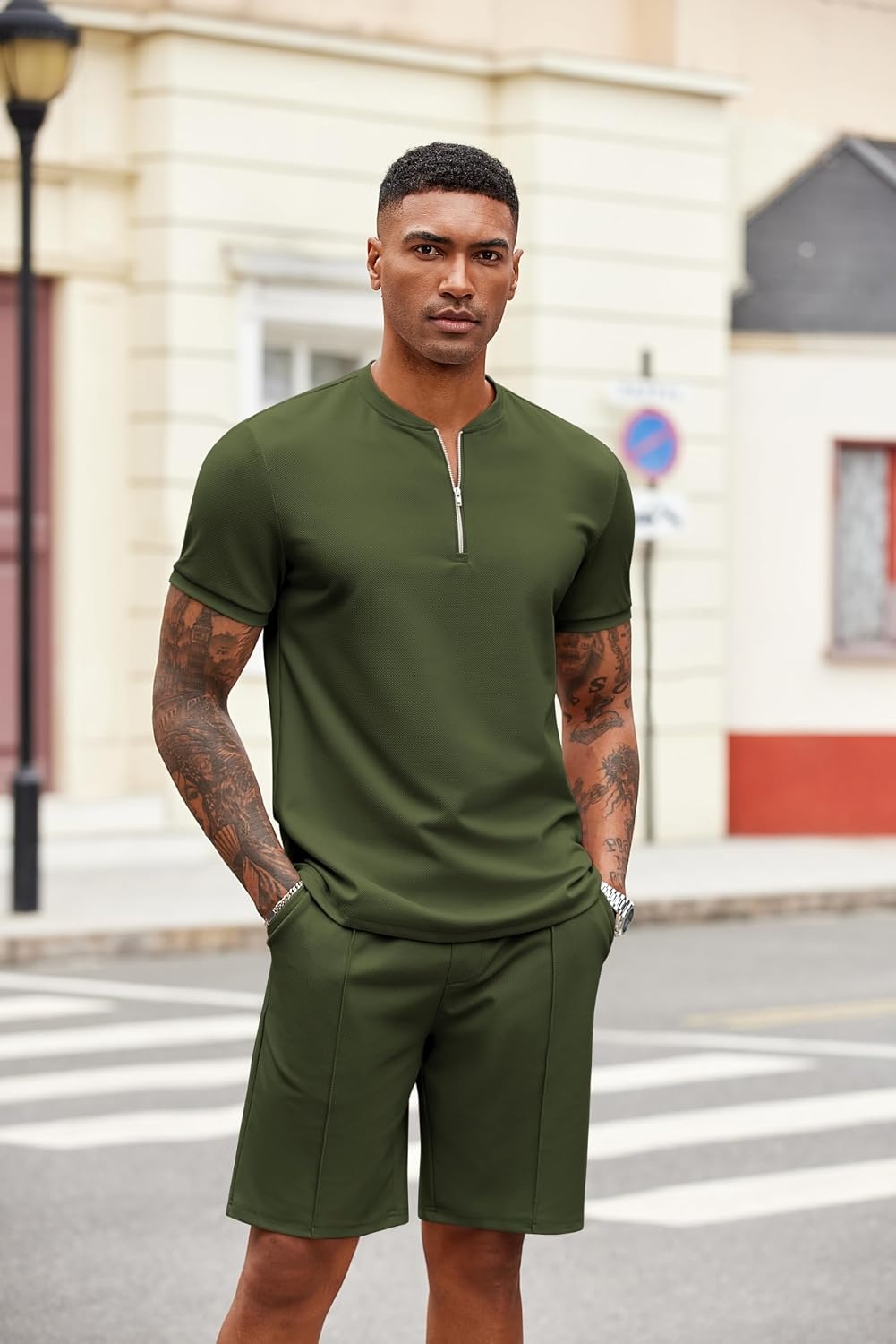 image:imageCOOFANDY Mens 2 Piece Set Short Sleeve Polo Shirt and Shorts Summer SuitsArmy Green